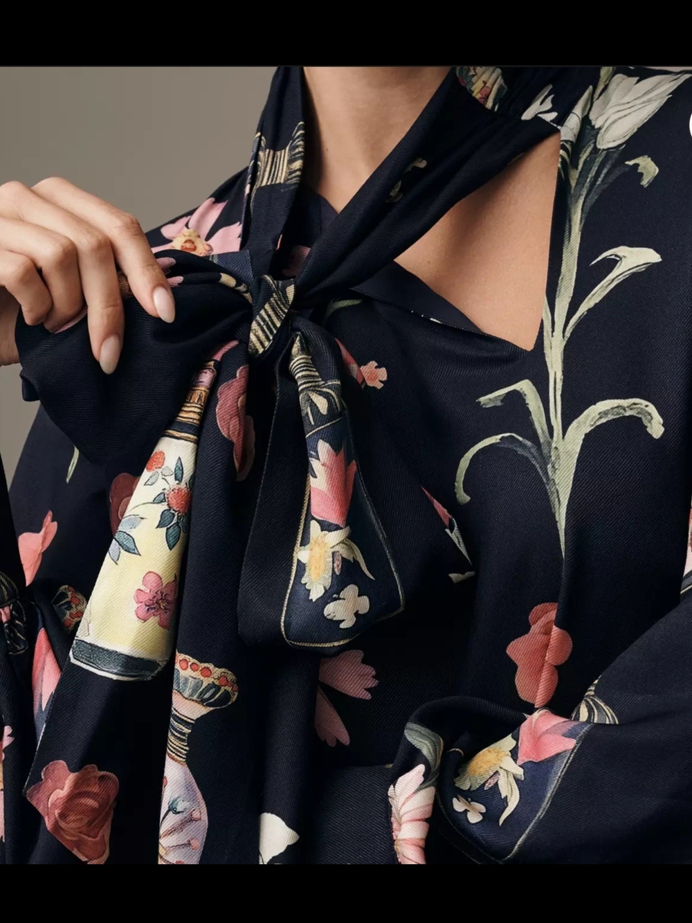Maeve Navy Floral Tie-Neck Mini Dress with Pink & Cream Accents - Picture 3 of 3
